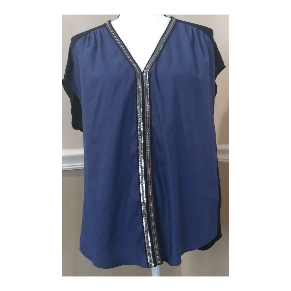 Rock & Republic Blue Black Sequin Sheer Top M